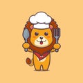 Cute lion chef holding spoon and fork.