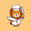 Cute lion chef holding plate and knife.