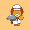 Cute lion chef with dish.