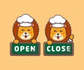 Cute lion chef with open and close board