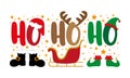 Ho Ho Ho - Christmas greeting typography, with Santa hat,and boots, antler with sleigh elf hat and shoe. Royalty Free Stock Photo
