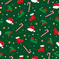 Seamless pattern for Christmas, Santa hat, and boots, Elf hat and shoes, candy cane on green backgound.