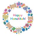 Happy Hanukkah round drawing with holiday symbols. Royalty Free Stock Photo