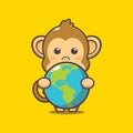 Cute cartoon illustration of monkey huging earth Royalty Free Stock Photo