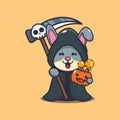 Cute rabbit wearing grim reaper costume holding scythe and halloween pumpkin Royalty Free Stock Photo