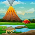 Cute dinosaurs with volcano erupting background