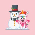 Cute unicorn playing with Snowman