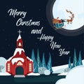 Christmas card -red church santa big moon, Christmas eve, night, Santa Clause on the sledge with raindeers, Christmas scene Royalty Free Stock Photo