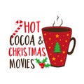 Hot cocoa and Christmas movies - cute mug with cany cane and mistletoe. Royalty Free Stock Photo