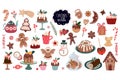 Christmas sweets big collection, with seasonal winter desserts, muffins, cookies, gingerbread, rolls, vector design