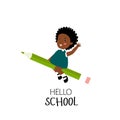 Print. Afro American girl. Hello school poster. The girl flies to school.