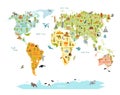 Print. World map with animals and architectural landmarks for kids. Royalty Free Stock Photo