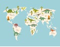 Print. World map with dinosaurs. Dino world map. Royalty Free Stock Photo