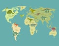 Print. World map with dinosaurs. Royalty Free Stock Photo