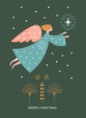 Christmas card. Flying Christmas angel and xmas star Royalty Free Stock Photo