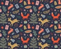 Christmas seamless pattern with deer and fox