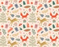 Christmas seamless pattern with deer and fox