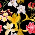 Seamless pattern with yellow Oleander, orchids, plumeria flower. Royalty Free Stock Photo