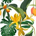 Seamless pattern with yellow Oleander flower, mango fruit, palm leaves. Royalty Free Stock Photo