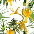 Seamless pattern with yellow Oleander flower, palm leaves. Royalty Free Stock Photo