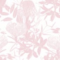 Floral pattern seamless. Decorative wallpaper with tropical protea flowers and palm monstera leaves, pink illudtration on white .