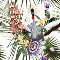 Japanese crane bird and exotic flowers, palm leaves, white background. Floral seamless pattern. Royalty Free Stock Photo