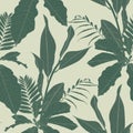 Elegant seamless pattern with green hand drawn line tropical leaves and flowers. Floral pattern.