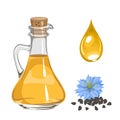 Black cumin seed oil and drop. Vector illustration of glass bottle with oil and Nigella sativa flower Royalty Free Stock Photo