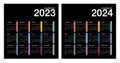 Colorful Year 2023 and Year 2024 calendar horizontal vector design template