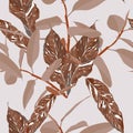 Floral seamless pattern, abstract tropical plant,brown leaves, on beige background. Royalty Free Stock Photo