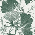 Floral seamless pattern. Decorative wallpaper with line tropical protea flowers and exotic gingko leaves, green line illudtration. Royalty Free Stock Photo