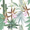 Seamless pattern: many kind of tropical exotic leaves and orchid flowers. Hand drawn beautiful elements.