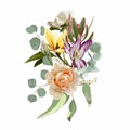 Flower frame with roses, magnolia, tulip, eucaliptus in watercolor style isolated on white background. Royalty Free Stock Photo