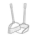 The broom with dustpan, black and white Line art