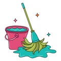 Mop and bucket of water, colored Line art