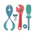 screwdriver, pliers and wrench, simple colored vector illustration