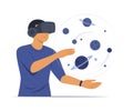 Man Wearing Virtual Reality Headset for Watching the Cosmic Infographic Simulation for Technology Concept Illustration