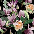 Seamless floral pattern with pink violet tropical magnolia, tulips, roses flowers with leaves on black background. Royalty Free Stock Photo