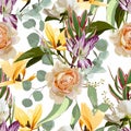 Seamless floral pattern with pink violet tropical magnolia, tulips, roses flowers with leaves with leaves on white background. Royalty Free Stock Photo