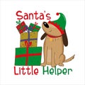 Santa`s little helper - cute dog in Elf hat, with gift boxes. Royalty Free Stock Photo