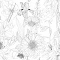 Tropical exotic floral line black white  flowers seamless pattern, line background. Exotic jungle wallpaper. Royalty Free Stock Photo