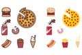 junk food. set of colorful fast food icons. hamburger, pizza, soda, donut, hot dog, french fries and ice cream. Royalty Free Stock Photo