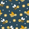 Cute bees and butterflies. Childish seamless pattern with flowers and insects.