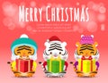 Merry Christmas and Happy new year poster, The year of the tiger, Group of happy bengal tiger wearing christmas hats santa claus Royalty Free Stock Photo