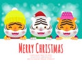 Merry Christmas and Happy new year poster, The year of the tiger, Group of happy bengal tiger wearing christmas hats santa claus Royalty Free Stock Photo