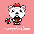 Cute polar bear animal cartoon character celebrating christmas carrying a gift box