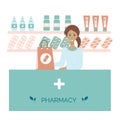 Pharmacy interior with druggist flat vector illustration