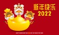 Happy Chinese new year 2022 greeting card. group Little tiger holding Chinese gold year of the tiger zodiac poster, banner Royalty Free Stock Photo