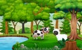 Cartoon a cow and sheep playing at nature