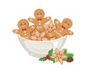 Gingerbread men in bowl isolated on white background. Vector Christmas illustration. Royalty Free Stock Photo